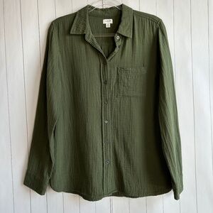 J. Crew Factory women size M double gauze button up shirt green cotton long sl